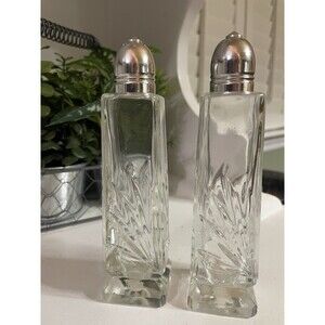 Vintage Norleans Japan Etched Glass Salt Pepper Shakers Leaf Pattern Tall Pair